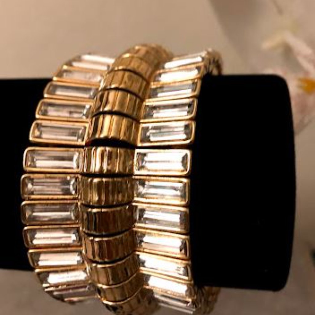 Cache Statement Gold Wide Crystal Baguette Bubble Stretch Bracelet Nwt 58